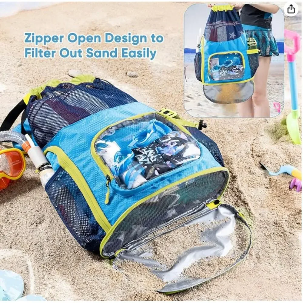 Mesh Drawstring Backpack with Shoe Compartment, Swim Bag with Wet Pocket- Blue